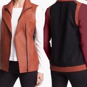 Mural Brown Black 100% Leather Front Wool‎ Blend Woman’s Moto Double Zip Vest XS